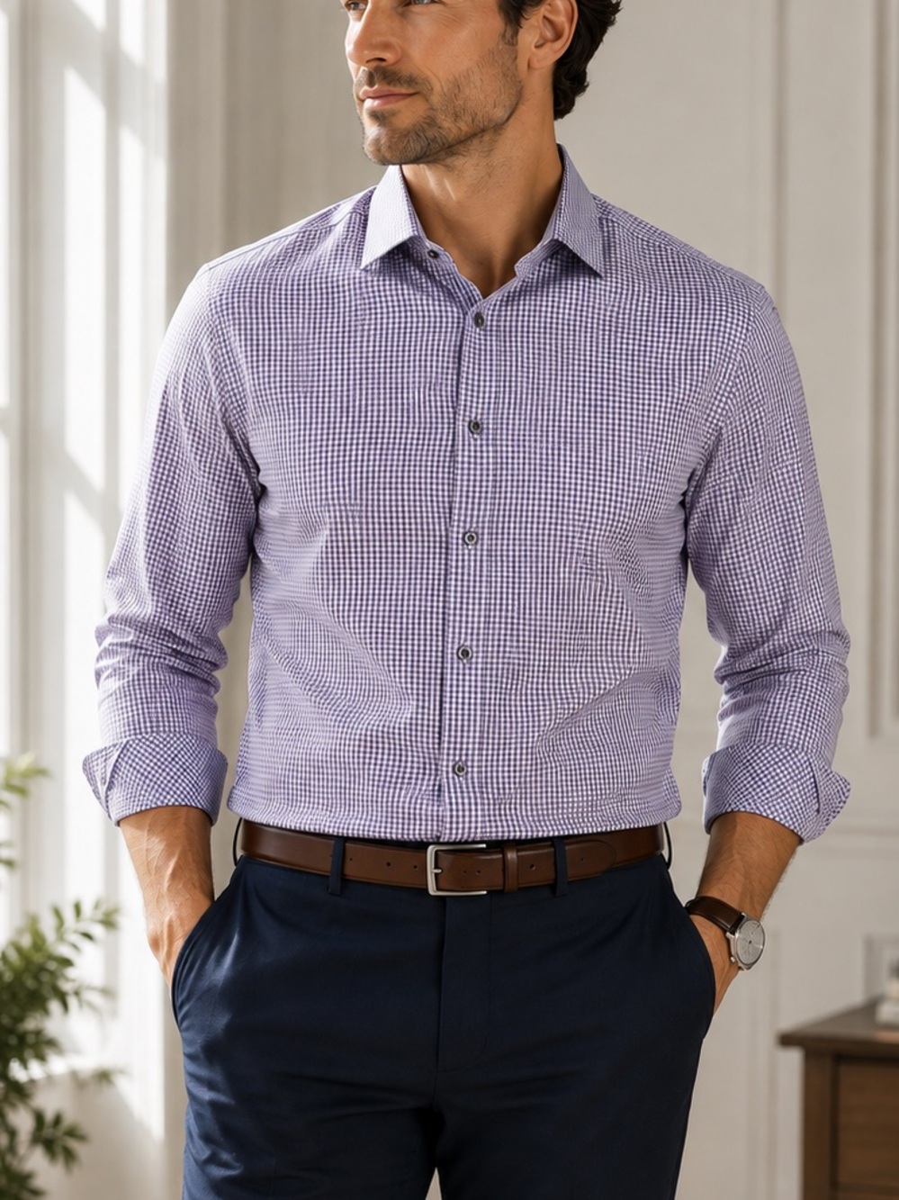 Calvin Klein Slim Tall Purple White Check Stretch Dress Shirt Men’s 16.5 36/37